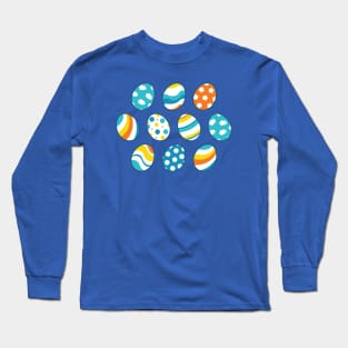 Egg Pattern | Blue Yellow Orange | Stripes Clouds Flowers Dots | Brown Long Sleeve T-Shirt